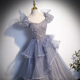 Gray A Line Prom Dress Puff Sleeves Formal Evening Dress Sweet Party Dress HZ0319