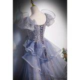 Gray A Line Prom Dress Puff Sleeves Formal Evening Dress Sweet Party Dress HZ0319
