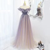 Purple Shiny A Line Tulle Prom Dress Off Shoulder Long Evening Gown HZ0319