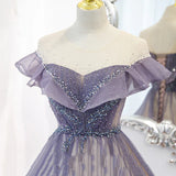 Purple Shiny A Line Tulle Prom Dress Off Shoulder Long Evening Gown HZ0319