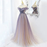Purple Shiny A Line Tulle Prom Dress Off Shoulder Long Evening Gown HZ0319