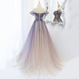 Purple Shiny A Line Tulle Prom Dress Off Shoulder Long Evening Gown HZ0319