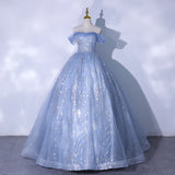 Off Shoulder Shiny Blue Prom Dress Cute Sweet 16 Party Gown HZ0319
