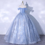Off Shoulder Shiny Blue Prom Dress Cute Sweet 16 Party Gown HZ0319