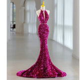 Sequins Rose Red Long Prom Dress Mermaid Long Evening Dress HZ0319