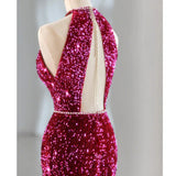 Sequins Rose Red Long Prom Dress Mermaid Long Evening Dress HZ0319