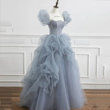 Blue Tulle Princess Ball Gown Puff Sleeves Sweet Evening Dress HZ0319