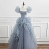 Blue Tulle Princess Ball Gown Puff Sleeves Sweet Evening Dress HZ0319
