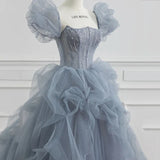 Blue Tulle Princess Ball Gown Puff Sleeves Sweet Evening Dress HZ0319
