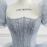 Blue Tulle Princess Ball Gown Puff Sleeves Sweet Evening Dress HZ0319
