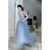 Blue Tulle Princess Ball Gown Puff Sleeves Sweet Evening Dress HZ0319