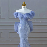 Blue Beaded Mermaid Prom Dress Off Shoulder Sparkly Long Evening Dress HZ0319