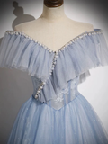 A-Line Off Shoulder Tulle Blue Long Prom Dress, Blue Long Formal Dress HZ0319