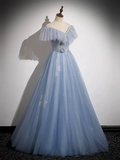 A-Line Off Shoulder Tulle Blue Long Prom Dress, Blue Long Formal Dress HZ0319