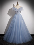 A-Line Off Shoulder Tulle Blue Long Prom Dress, Blue Long Formal Dress HZ0319