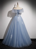 A-Line Off Shoulder Tulle Blue Long Prom Dress, Blue Long Formal Dress HZ0319