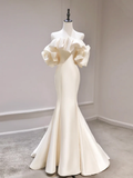 Mermaid Off Shoulder Satin Long Prom Dress, Light Champagne Evening Dress HZ0319
