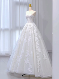A-Line Tulle Lace White Long Prom Dress, White Long Wedding Dress HZ0319