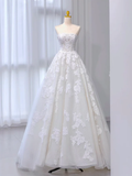 A-Line Tulle Lace White Long Prom Dress, White Long Wedding Dress HZ0319