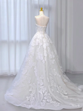 A-Line Tulle Lace White Long Prom Dress, White Long Wedding Dress HZ0319