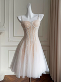 A-Line Sweetheart Neck Tulle Sequin Light Champagne Short Prom Dress HZ0319