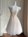 A-Line Sweetheart Neck Tulle Sequin Light Champagne Short Prom Dress HZ0319