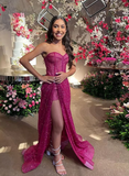 Fuchsia Sweetheart Sheath Shiny Long Formal Prom Dress Evening Gown HZ0319