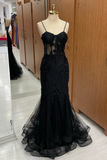 Sexy Black Spaghetti Straps Appliques Mermaid Long Prom Dress HZ0319