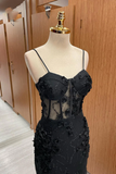 Sexy Black Spaghetti Straps Appliques Mermaid Long Prom Dress HZ0319