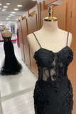 Sexy Black Spaghetti Straps Appliques Mermaid Long Prom Dress HZ0319