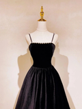 Black Spaghetti Straps A-Line Velvet Long Formal Prom Dress HZ0319