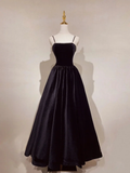 Black Spaghetti Straps A-Line Velvet Long Formal Prom Dress HZ0319