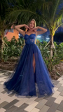 Blue Spaghetti Straps A-Line Long Formal Prom Dress with Slit HZ0319