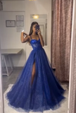 Blue Spaghetti Straps A-Line Long Formal Prom Dress with Slit HZ0319