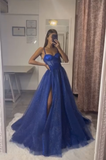 Blue Spaghetti Straps A-Line Long Formal Prom Dress with Slit HZ0319