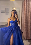 Blue Spaghetti Straps A-Line Long Formal Prom Dress with Slit HZ0319