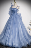 Blue Straps Appliques A-Line Tulle Long Prom Gown with Big Bowknot HZ0319