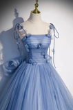Blue Straps Appliques A-Line Tulle Long Prom Gown with Big Bowknot HZ0319