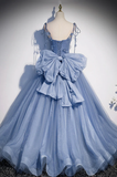 Blue Straps Appliques A-Line Tulle Long Prom Gown with Big Bowknot HZ0319