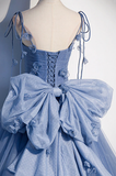 Blue Straps Appliques A-Line Tulle Long Prom Gown with Big Bowknot HZ0319