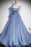 Blue Straps Appliques A-Line Tulle Long Prom Gown with Big Bowknot HZ0319