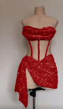 Sexy Red Strapless Sheath Sequins Mini Party Dress Birthday Outfits HZ0319
