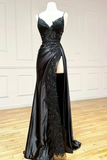 Sexy Black Spaghetti Straps Appliques Sheath Long Party Dress with Slit HZ0319
