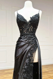 Sexy Black Spaghetti Straps Appliques Sheath Long Party Dress with Slit HZ0319