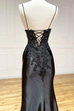 Sexy Black Spaghetti Straps Appliques Sheath Long Party Dress with Slit HZ0319