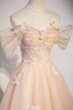 Light Pink Off Shoulder A-Line Tulle Appliques Long Prom Dress HZ0319