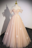 Light Pink Off Shoulder A-Line Tulle Appliques Long Prom Dress HZ0319
