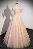 Light Pink Off Shoulder A-Line Tulle Appliques Long Prom Dress HZ0319