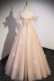 Light Pink Off Shoulder A-Line Tulle Appliques Long Prom Dress HZ0319