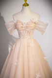 Light Pink Off Shoulder A-Line Tulle Appliques Long Prom Dress HZ0319